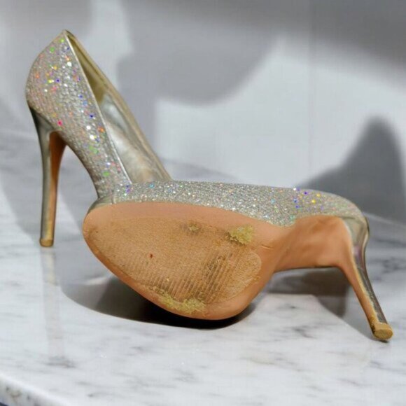 Silver Glitter Heels ✦ Deb Peep-Toe Stilettos ✦ Formal 4” High Heel Size 7 EUC - Picture 6 of 14